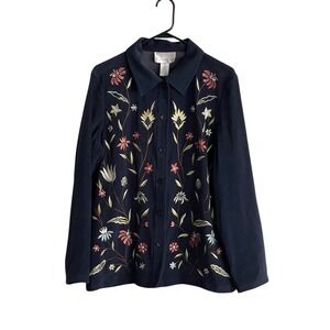 Susan Graver Vtg Med Velvet Floral Embroidered Button Shirt Jacket Boho Fairy